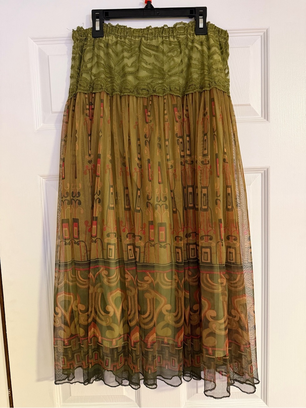 Olive Green Printed Maxi Skirt with Smocked Waist
